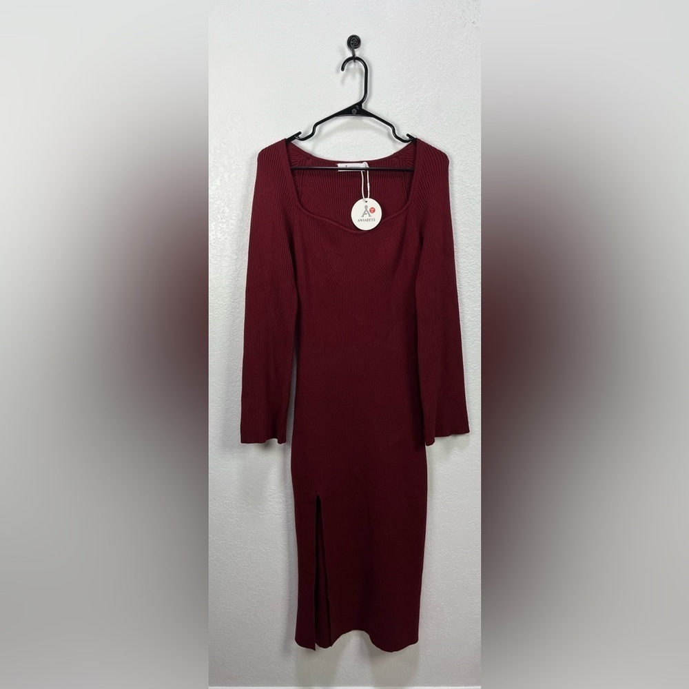 ANRABESS  Burgundy Square neck Long Sleeve  Dress Ribbed Bodycon Sz XL TC0705